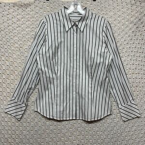 Talbots Shirt Womens 10 Petite White/Black Striped Button Up‎ Blouse Long Slv